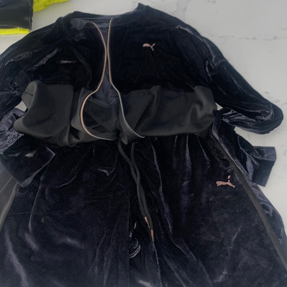 Matching navy blue velvet puma tracksuit pant and jacket